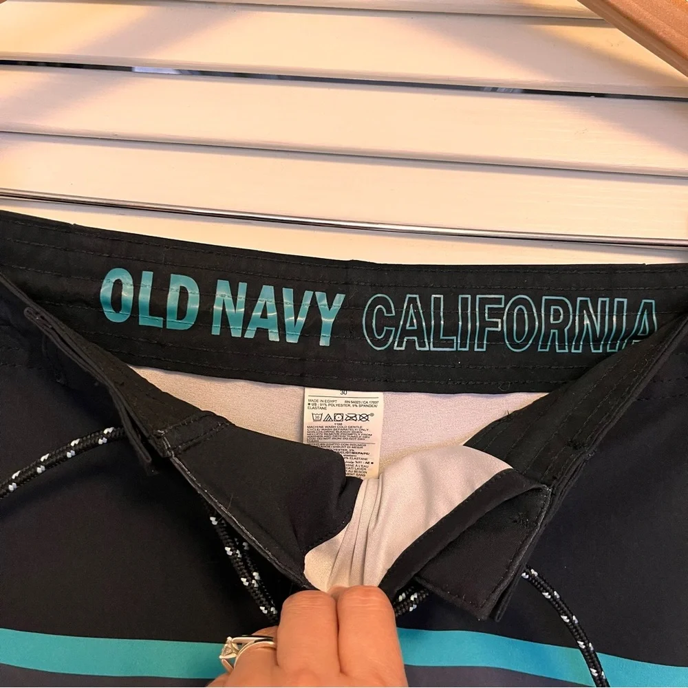 NWT Old Navy Black Board Shorts with Teal, Mint & Pink Stripes